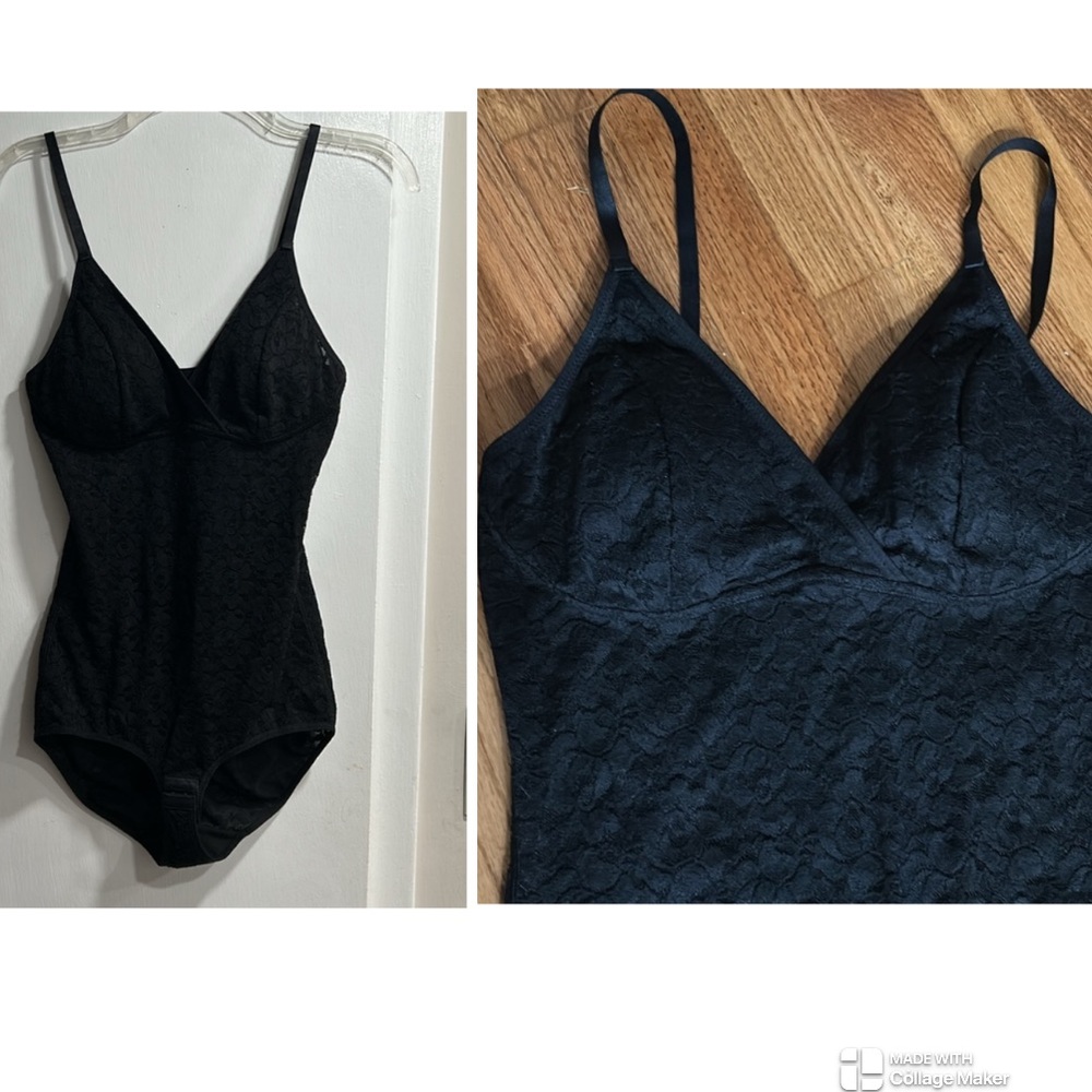 Black Lace Rose Patterned Slimming Layering Bodysuit Medium